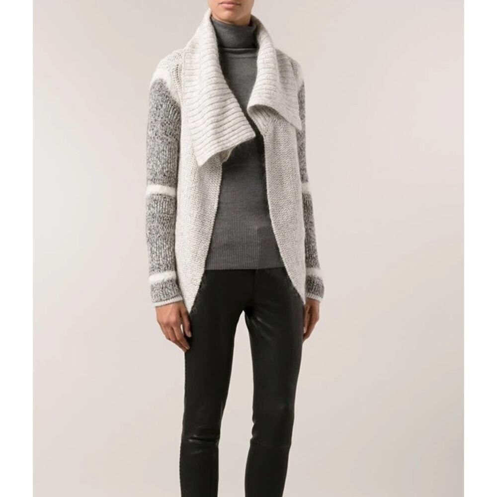 Yigal Azrouël Platinum Grey Striped Shawl Collar Open Cardigan Wool XS